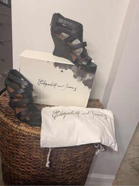Elizabeth and James Black Strappy Wedge Sandals with Zip Back